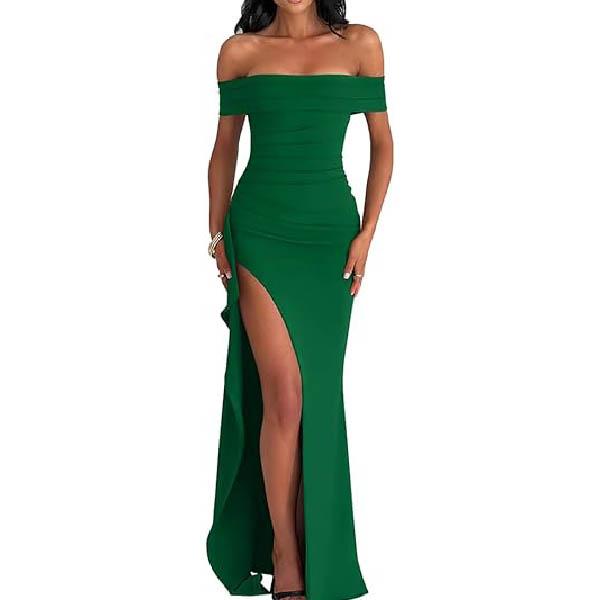 Elegant Bodycon Off Shoulder Sleeveless High Split Ruched Long Formal Evening Dress